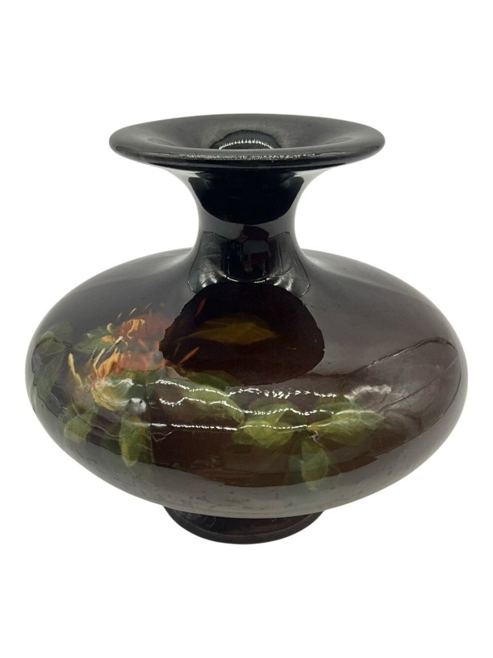 Weller Louwelsa Antique Art Pottery Squat vase with Rich High Gloss Brown Glaze